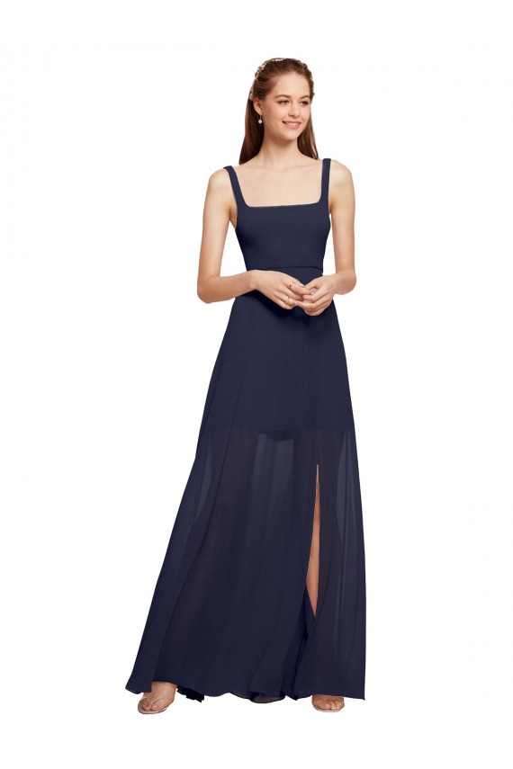 Compra Azul marina oscuro línea A Tirantes espagueti Cuadrado Gasa Largo Vestidos de dama de honor
