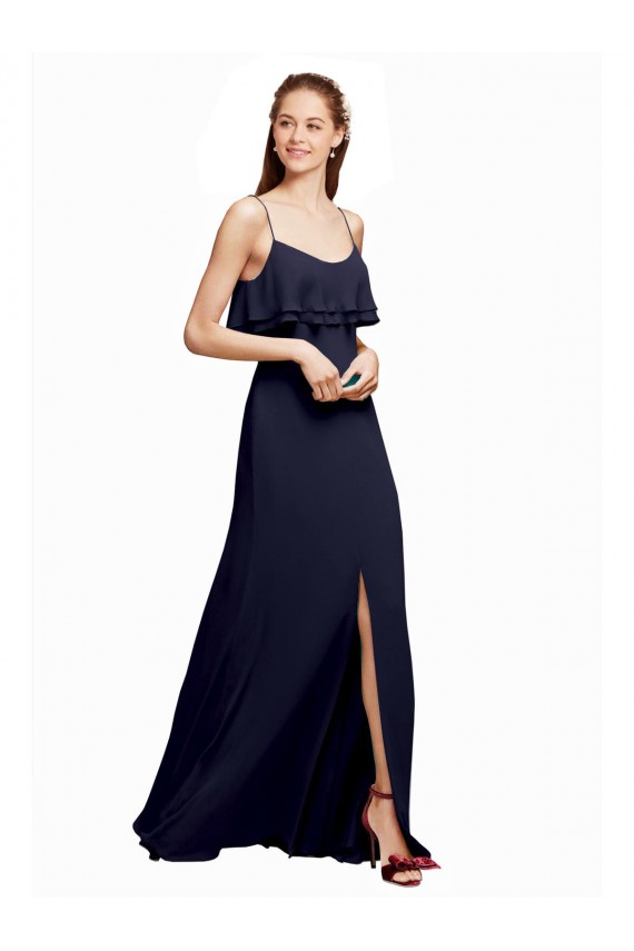 Compra Azul marina oscuro línea A Tirantes espagueti Cucharón Gasa Largo Vestidos de dama de honor