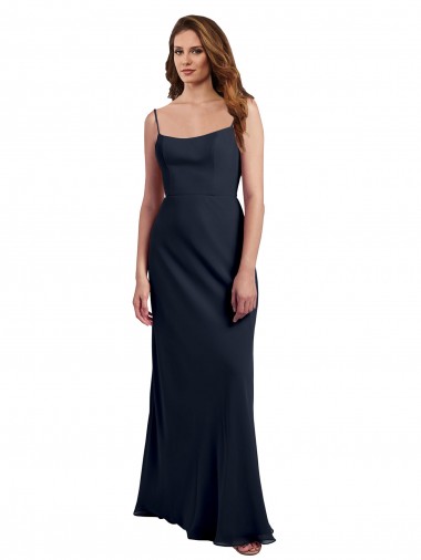 Azul marina oscuro línea A Tirantes espagueti Cucharón Gasa Largo Vestidos de dama de honor Baratos