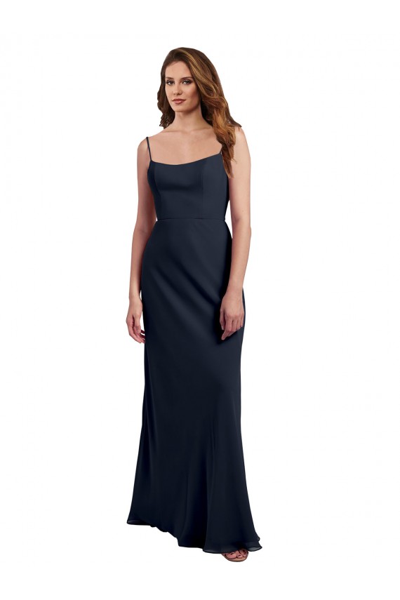 Compra Azul marina oscuro línea A Tirantes espagueti Cucharón Gasa Largo Vestidos de dama de honor
