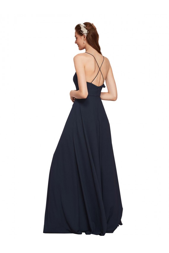 Compra Azul marina oscuro línea A Tirantes espagueti Cuello en V Gasa Largo Vestidos de dama de honor