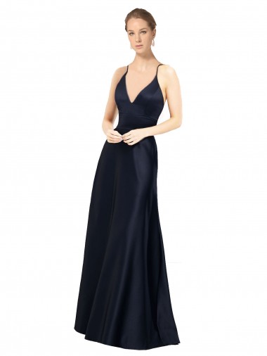Azul marina oscuro línea A Tirantes espagueti Cuello en V Satén Largo Vestidos de dama de honor / Vestidos de fiesta Baratos