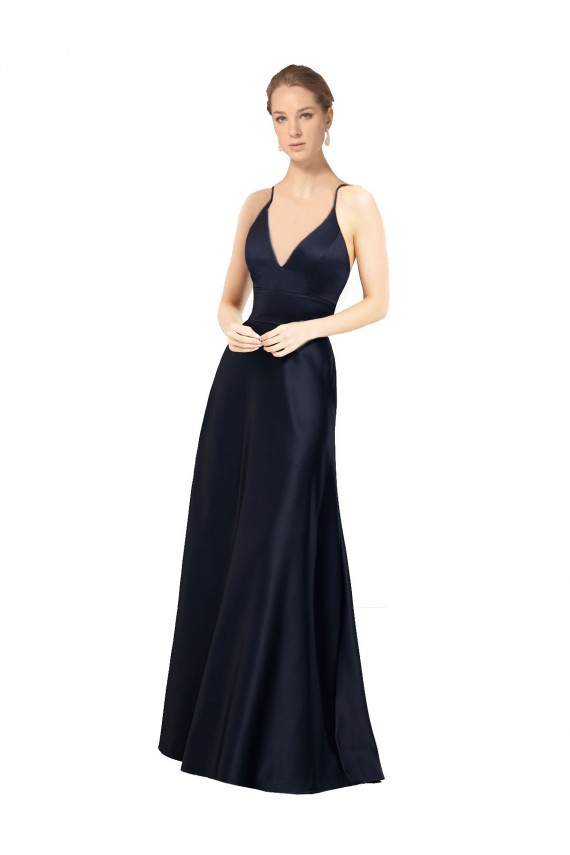 Compra Azul marina oscuro línea A Tirantes espagueti Cuello en V Satén Largo Vestidos de dama de honor / Vestidos de fiesta