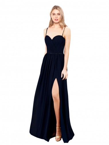 Azul marina oscuro línea A Tirantes espagueti Gasa Largo Formales Vestidos de dama de honor / Vestidos de noche Baratos