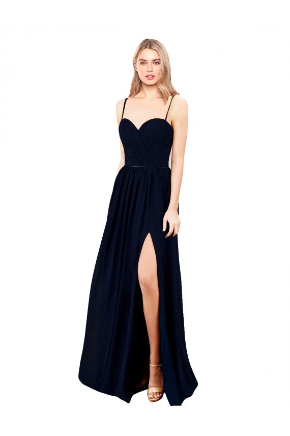 Compra Azul marina oscuro línea A Tirantes espagueti Gasa Largo Formales Vestidos de dama de honor / Vestidos de noche