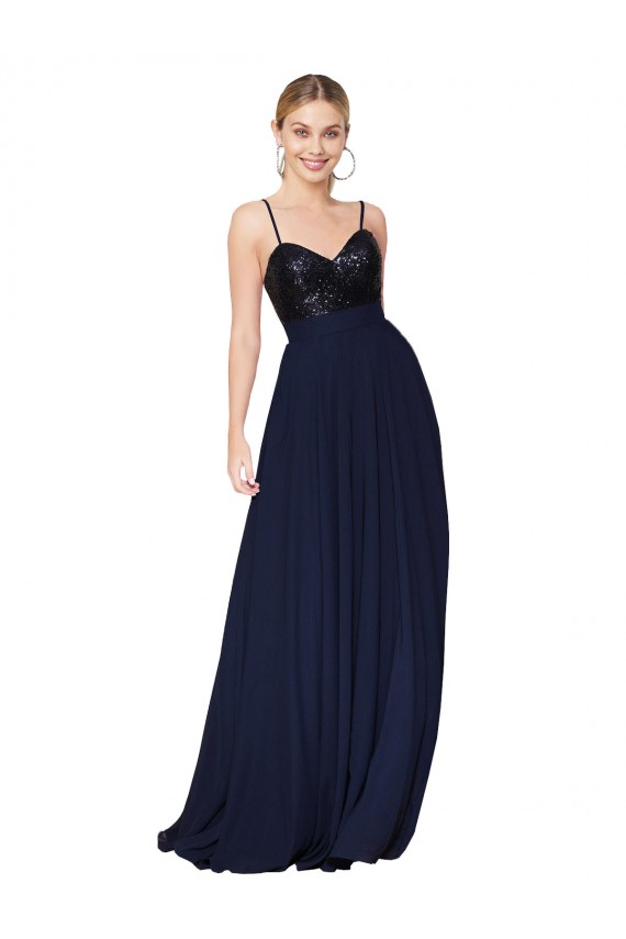 Compra Azul marina oscuro línea A Tirantes espagueti Gasa Lentejuela Largo Vestidos de dama de honor / Vestidos de fiesta