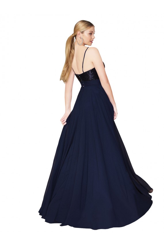 Compra Azul marina oscuro línea A Tirantes espagueti Gasa Lentejuela Largo Vestidos de dama de honor / Vestidos de fiesta