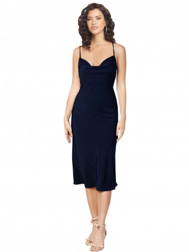 Azul marina oscuro línea A Tirantes espagueti Midi Satén sedoso Corto Formales Vestidos de dama de honor / Vestidos de fiesta / Vestidos de cóctel Baratos