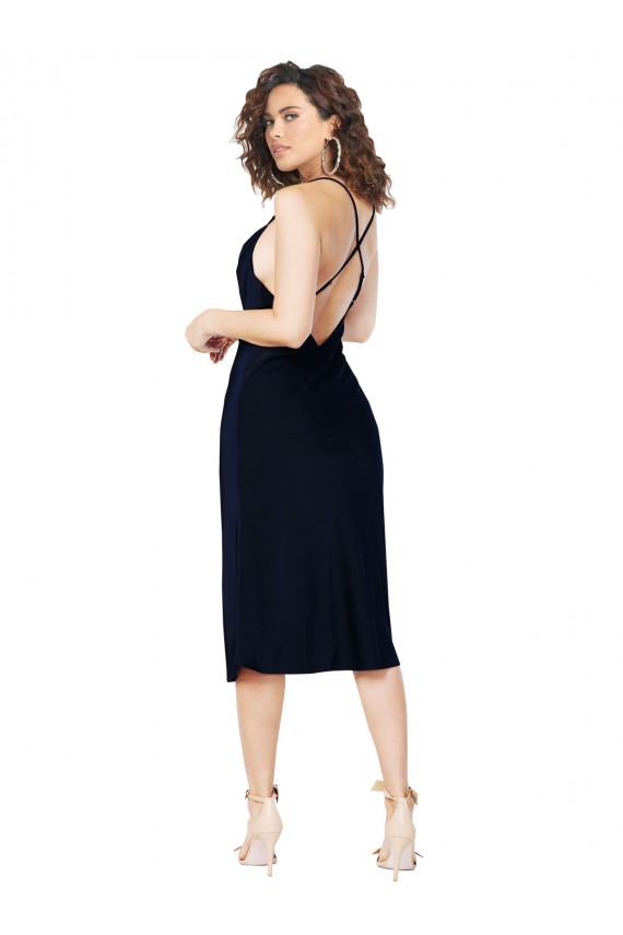 Compra Azul marina oscuro línea A Tirantes espagueti Midi Satén sedoso Corto Formales Vestidos de dama de honor / Vestidos de fiesta / Vestidos de cóctel