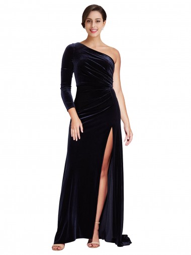 Azul marina oscuro línea A Un Hombre Barrer tren Terciopelo Elástico Largo Formales Vestidos de dama de honor / Vestidos de fiesta Baratos