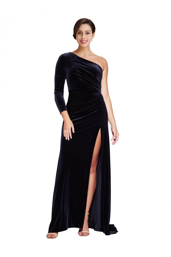 Compra Azul marina oscuro línea A Un Hombre Barrer tren Terciopelo Elástico Largo Formales Vestidos de dama de honor / Vestidos de fiesta