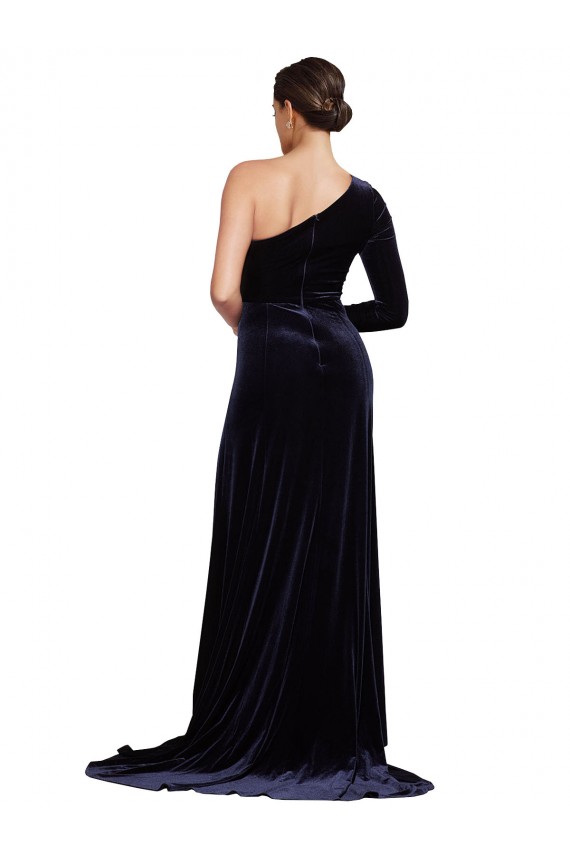 Compra Azul marina oscuro línea A Un Hombre Barrer tren Terciopelo Elástico Largo Formales Vestidos de dama de honor / Vestidos de fiesta