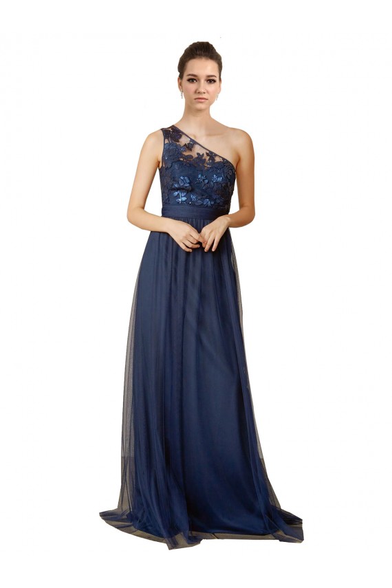 Compra Azul marina oscuro línea A Un Hombre Barrer tren Tul Largo Vestidos de dama de honor