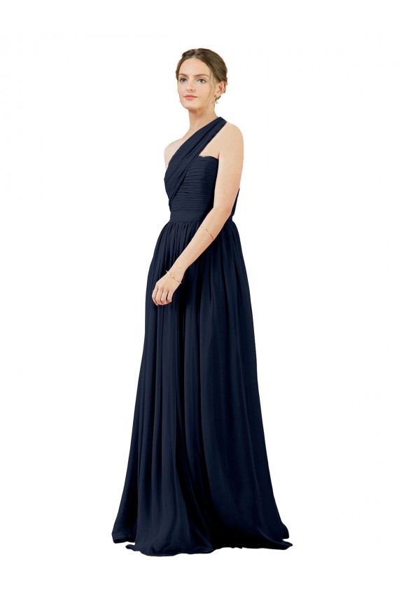 Compra Azul marina oscuro línea A Un Hombre Gasa Largo Vestidos de dama de honor