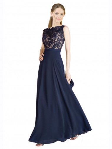 Azul marina oscuro línea A Ilusión Gasa Encaje Largo Vestidos de dama de honor / Vestidos de fiesta Baratos