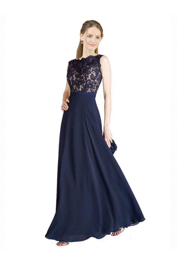 Compra Azul marina oscuro línea A Ilusión Gasa Encaje Largo Vestidos de dama de honor / Vestidos de fiesta