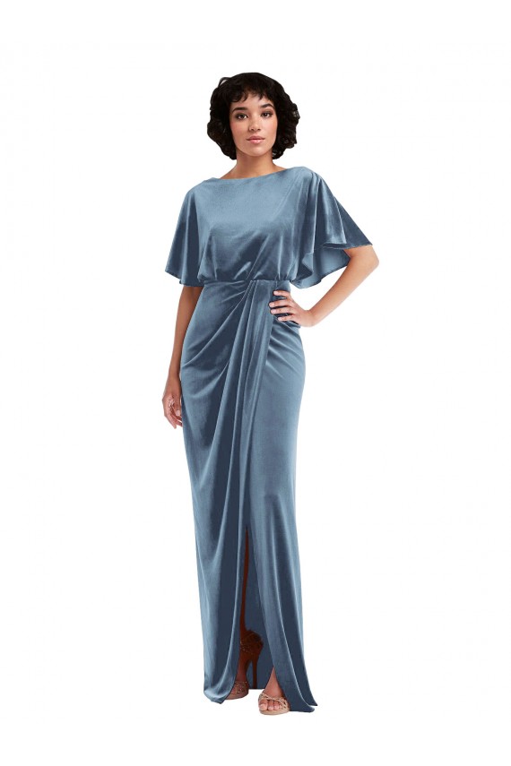 Compra Azul polvoriento Cubierta Terciopelo Elástico Largo Vestidos de dama de honor / Vestidos de fiesta