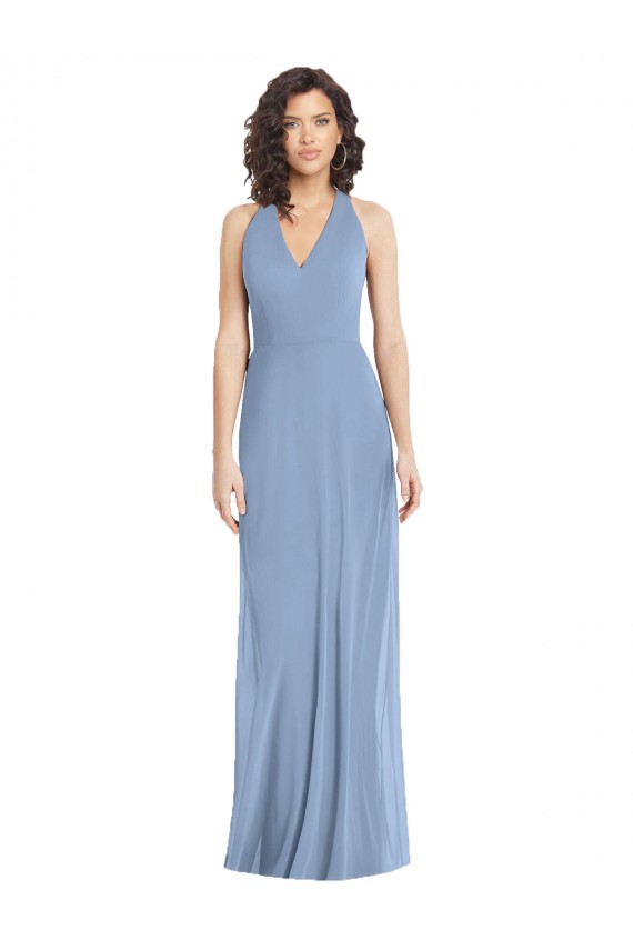 Compra Azul polvoriento Trompeta Halter Cuello en V Gasa Largo Formales Vestidos de dama de honor / Vestidos de noche