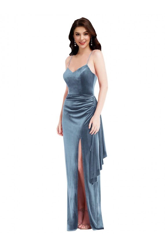 Compra Azul polvoriento Trompeta Tirantes espagueti Terciopelo Elástico Largo Formales Vestidos de dama de honor / Vestidos de fiesta