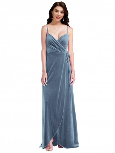 Azul polvoriento línea A Cuello de Corazón Terciopelo Elástico Largo Vestidos de dama de honor / Vestidos de fiesta Baratos