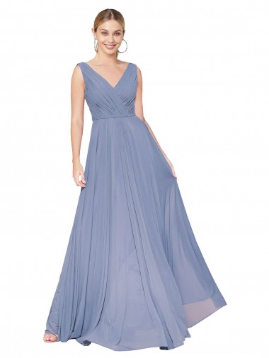 Azul polvoriento línea A Cuello en V Cuello Alto Gasa Largo Formales Vestidos de dama de honor / Vestidos de fiesta Baratos
