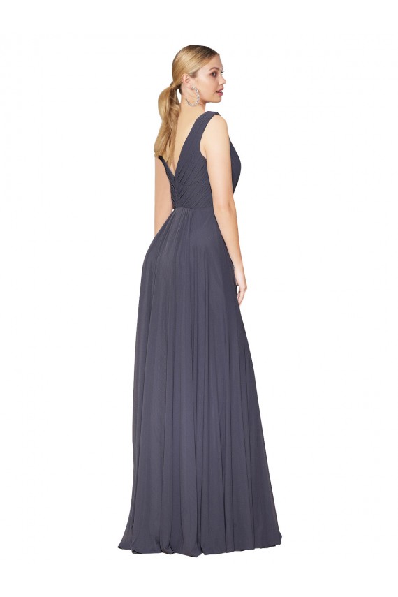 Compra Azul polvoriento línea A Cuello en V Cuello Alto Gasa Largo Formales Vestidos de dama de honor / Vestidos de fiesta