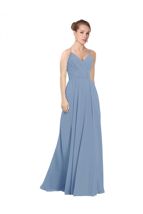 Compra Azul polvoriento línea A Cuello en V Gasa Largo Vestidos de dama de honor