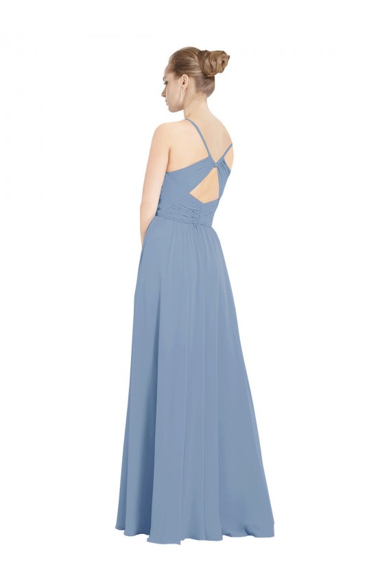 Compra Azul polvoriento línea A Cuello en V Gasa Largo Vestidos de dama de honor