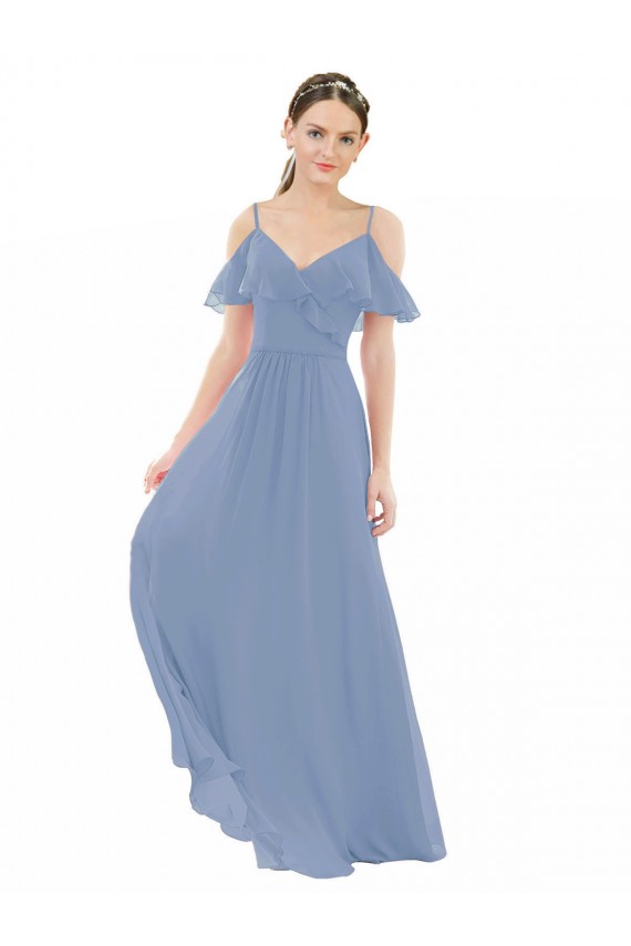 Compra Azul polvoriento línea A Cuello en V Gasa Largo Vestidos de dama de honor