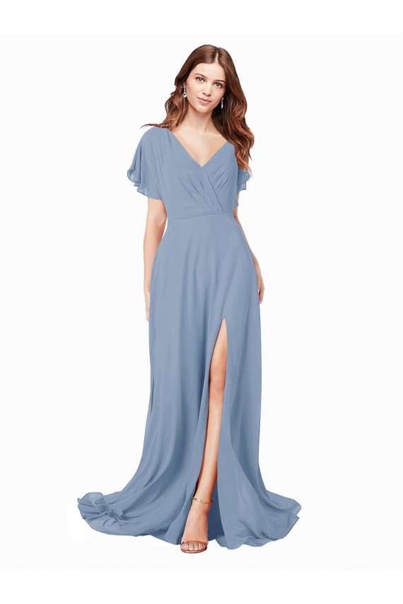 Compra Azul polvoriento línea A Cuello en V Gasa Largo Vestidos de dama de honor / Vestidos de fiesta