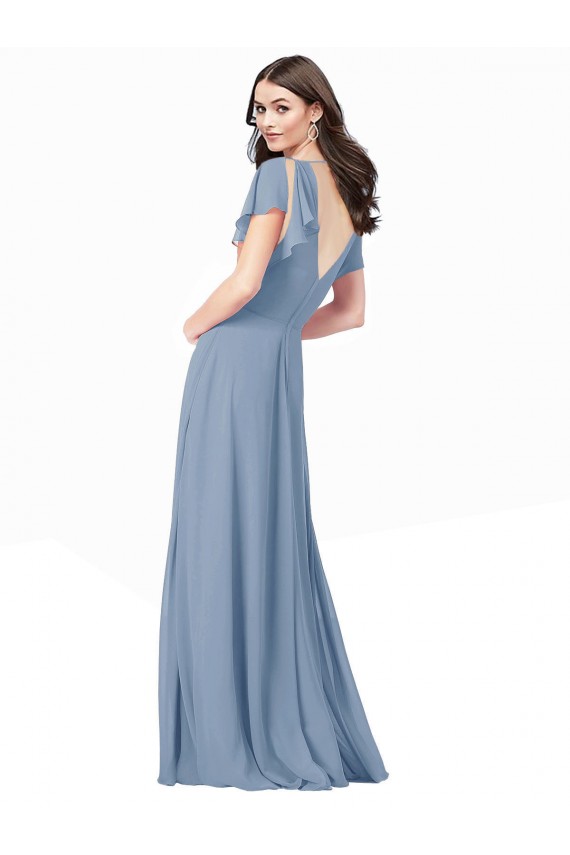 Compra Azul polvoriento línea A Cuello en V Gasa Largo Vestidos de dama de honor / Vestidos de fiesta