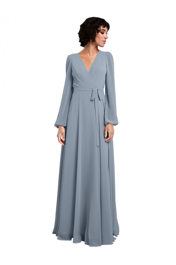 Compra Azul polvoriento línea A Cuello en V Gasa Largo Vestidos de dama de honor