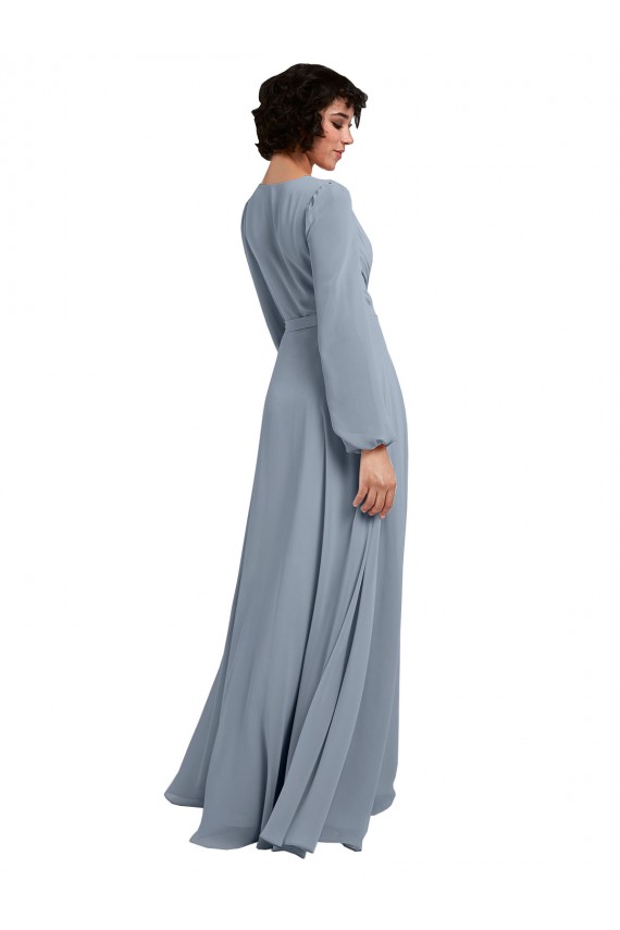Compra Azul polvoriento línea A Cuello en V Gasa Largo Vestidos de dama de honor