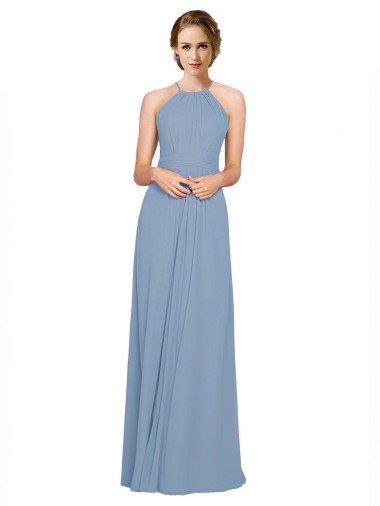 Azul polvoriento línea A Halter Cuello Alto Gasa Largo Vestidos de dama de honor Baratos
