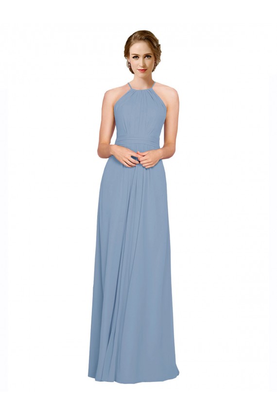 Compra Azul polvoriento línea A Halter Cuello Alto Gasa Largo Vestidos de dama de honor