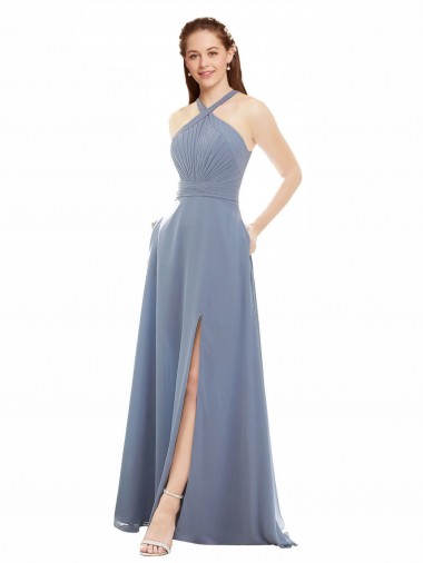 Azul polvoriento línea A Halter Cuello Alto Gasa Largo Vestidos de dama de honor Baratos