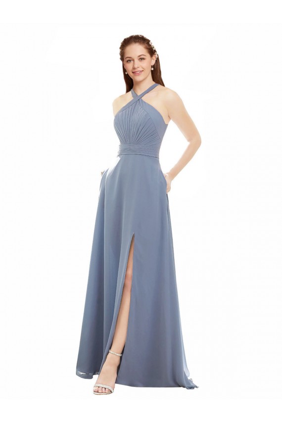 Compra Azul polvoriento línea A Halter Cuello Alto Gasa Largo Vestidos de dama de honor