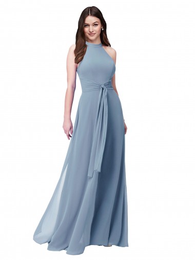 Azul polvoriento línea A Halter Cuello Alto Gasa Largo Vestidos de dama de honor Baratos
