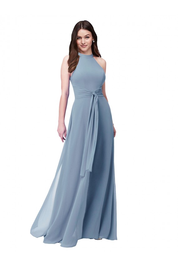 Compra Azul polvoriento línea A Halter Cuello Alto Gasa Largo Vestidos de dama de honor