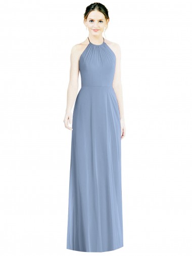 Azul polvoriento línea A Halter Gasa Largo Vestidos de dama de honor Baratos