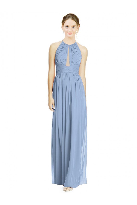 Compra Azul polvoriento línea A Halter Gasa Largo Vestidos de dama de honor