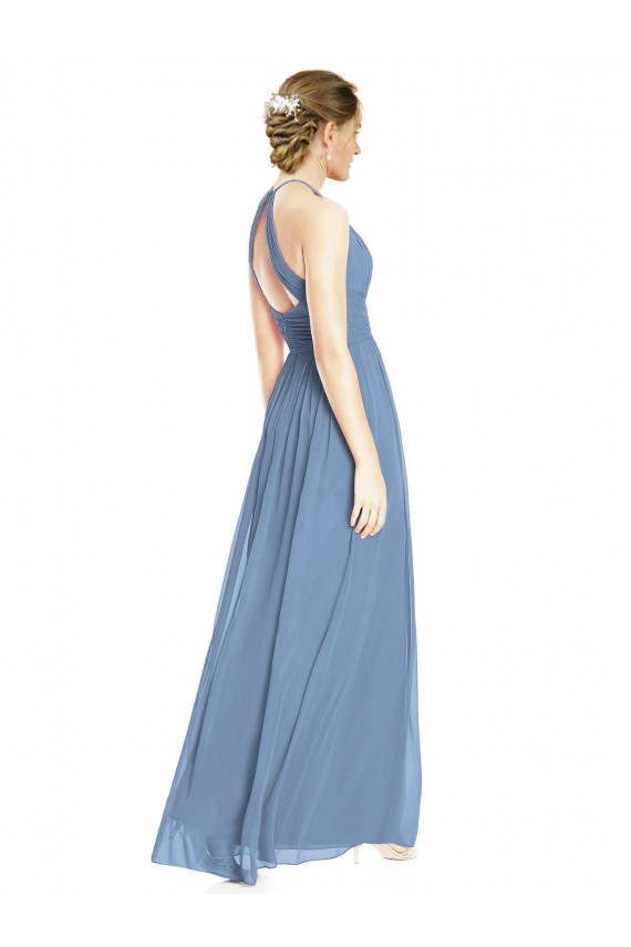 Compra Azul polvoriento línea A Halter Gasa Largo Vestidos de dama de honor