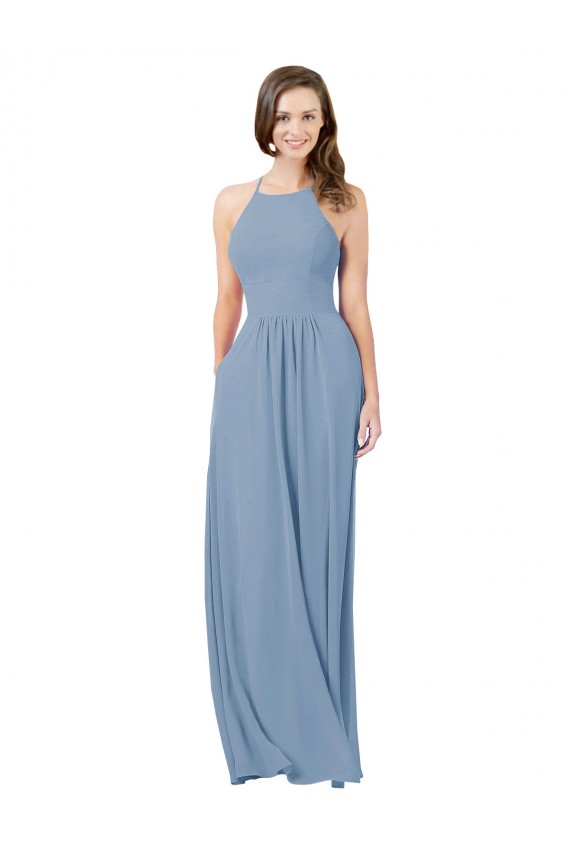 Compra Azul polvoriento línea A Halter Gasa Largo Vestidos de dama de honor