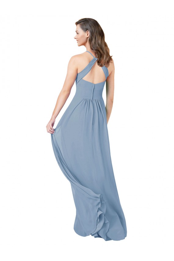 Compra Azul polvoriento línea A Halter Gasa Largo Vestidos de dama de honor