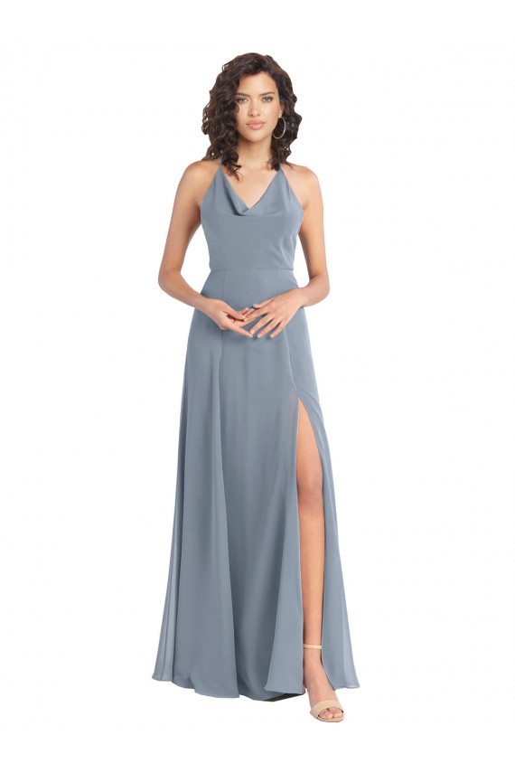 Compra Azul polvoriento línea A Halter Gasa Largo Vestidos de dama de honor