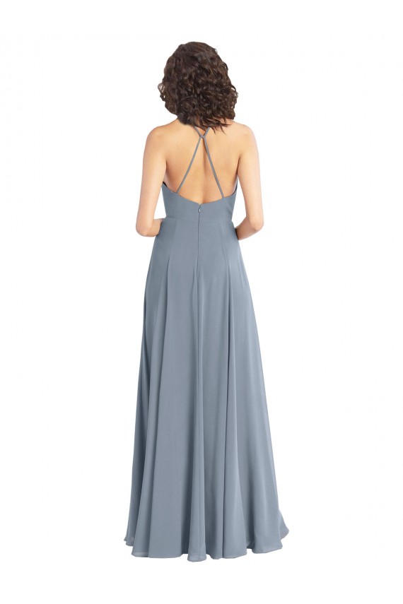 Compra Azul polvoriento línea A Halter Gasa Largo Vestidos de dama de honor