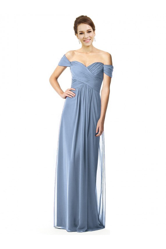 Compra Azul polvoriento línea A Hombros Descubiertos Gasa Largo Vestidos de dama de honor