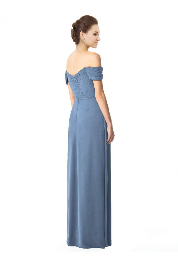 Compra Azul polvoriento línea A Hombros Descubiertos Gasa Largo Vestidos de dama de honor