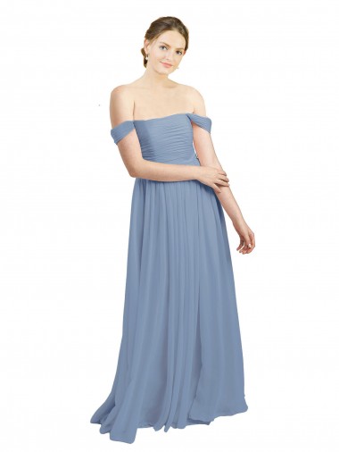 Azul polvoriento línea A Hombros Descubiertos Gasa Largo Vestidos de dama de honor Baratos