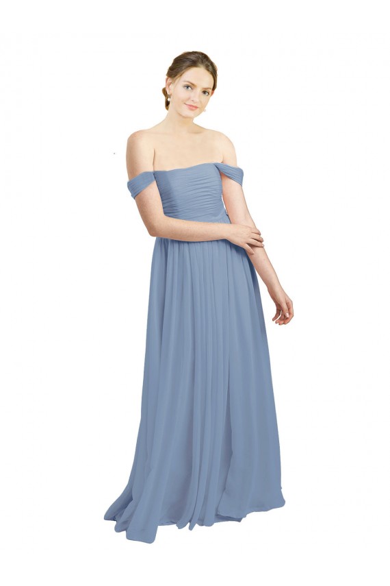 Compra Azul polvoriento línea A Hombros Descubiertos Gasa Largo Vestidos de dama de honor